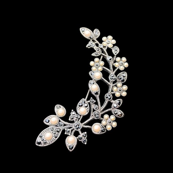 Monet Large Black Rhinestone & Faux Pearl Flower Spray Brooch Silver Tone 3.5" - Picture 3 of 7